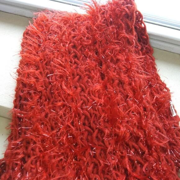 Glittery Winter Beanie Hat and Oblong Scarf Set Fringe Trim Faux Fur Rust Color - Picture 8 of 8